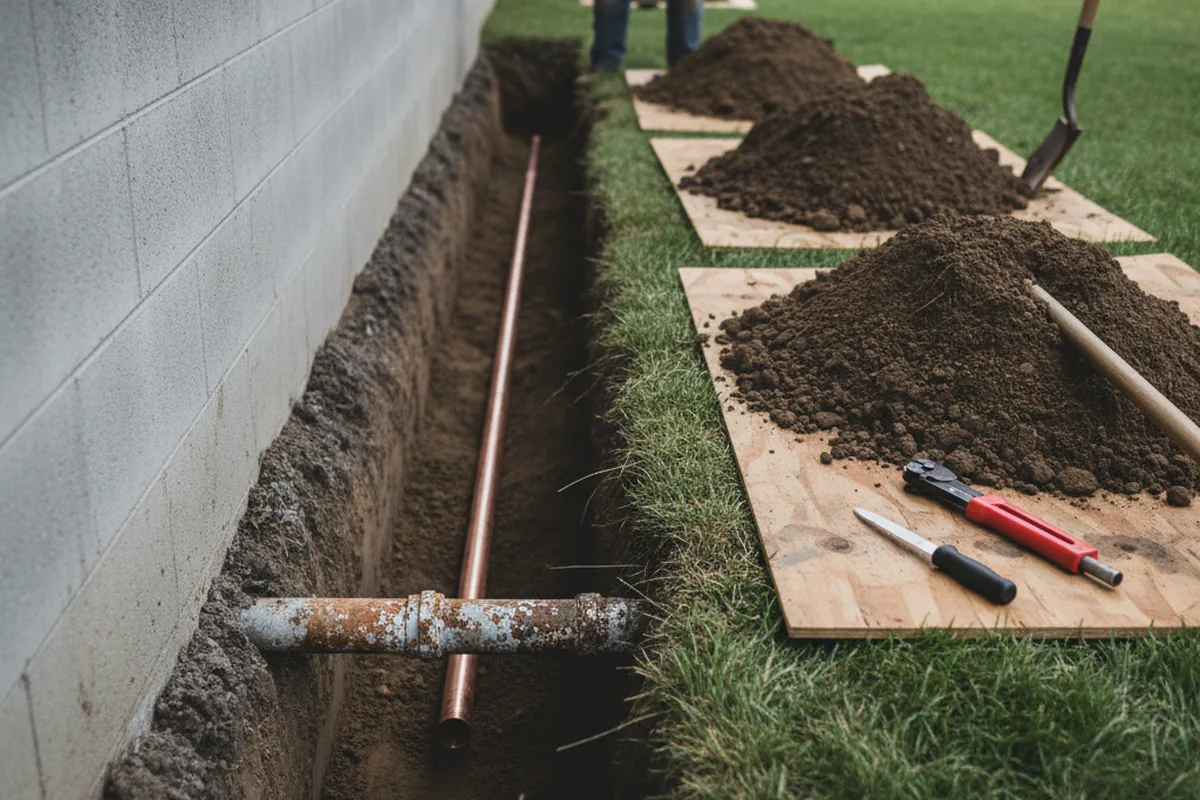 Excavated water line trench during Water Softener Installation in Kimbolton